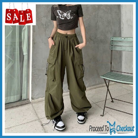 Women's Baggy Cargo Pants High Waist Multi Pocket Straight Leg Vintage - Picture 3 of 8